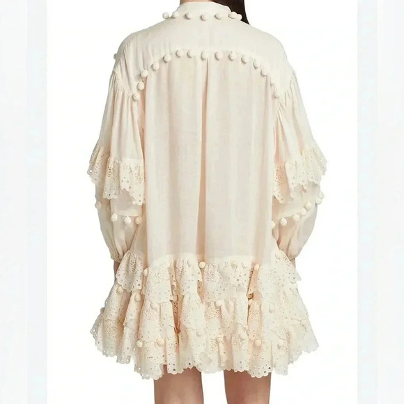 Zimmermann Lyre Lace Trim Embroidered Mini Dress Crochet Balloon Sleeve Cream 3 - Picture 7 of 13